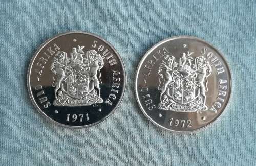 South Africa 1971 and 1972 Silver Proof one rand coins.