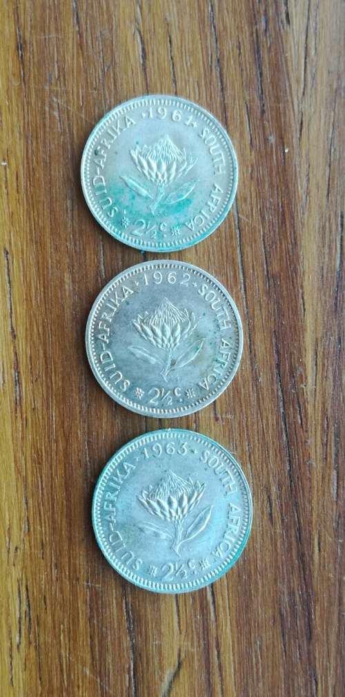 South Africa 1961,62 And 1963 Silver 2 1/2 cent`s.