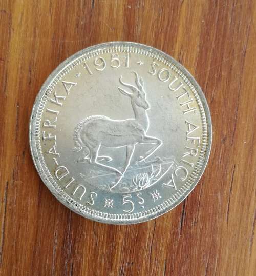 South Africa 1951 Silver 5 Shillings. Good condition.