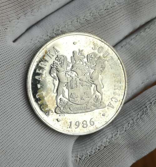 South Africa 1986 Silver Proof Year of Disabled one rand. Beautiful toning.