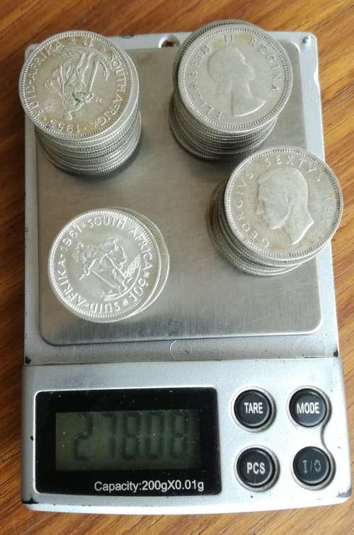 South Africa collection of 50 Silver mixed Shillings and 10 cent coins. 278.08 grams.