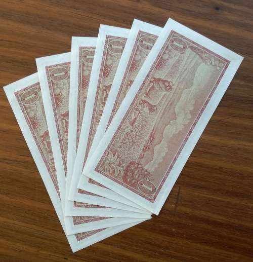 South Africa collection of 6 consecutive number de Jongh R1 Bank notes.
