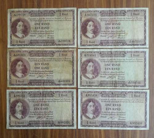 South Africa collection of 6 X G. Rissik One Rand Bank notes.