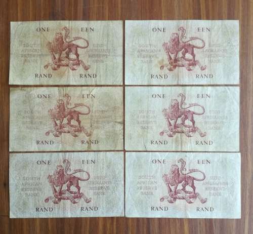 South Africa collection of 6 X G. Rissik One Rand Bank notes.
