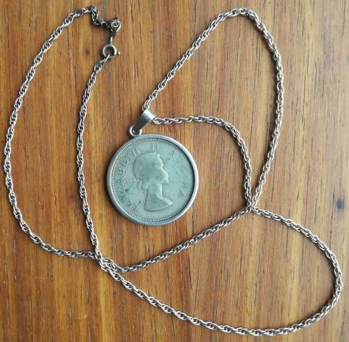 South Africa 1959 Silver Half Crown with silver pendant and chain.