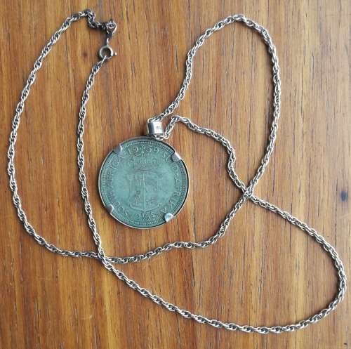 South Africa 1959 Silver Half Crown with silver pendant and chain.