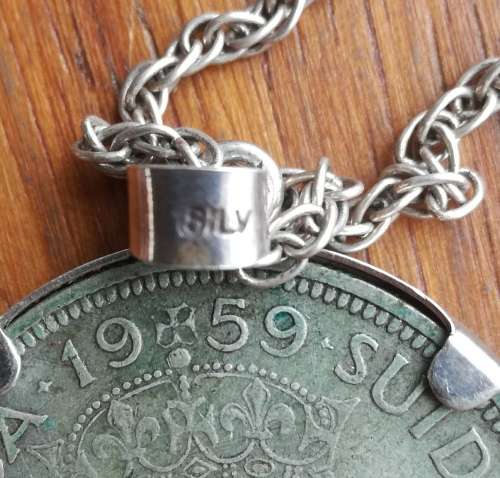 South Africa 1959 Silver Half Crown with silver pendant and chain.