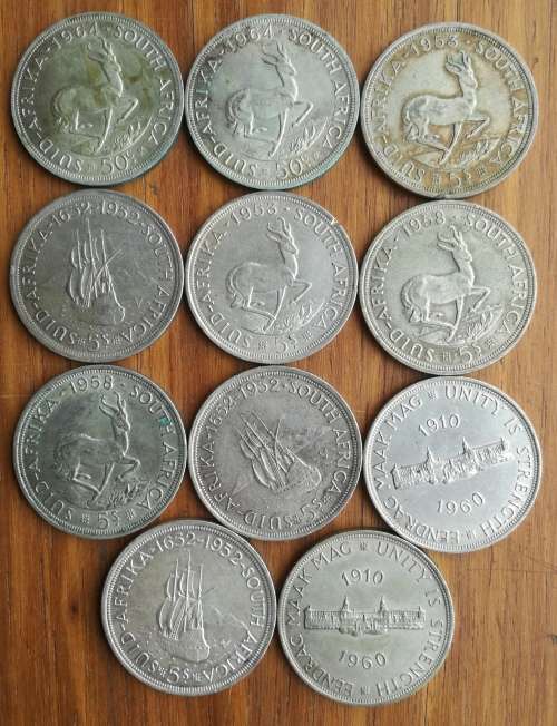 South Africa collection of 11 Silver 5 Shillings. One bid takes all.