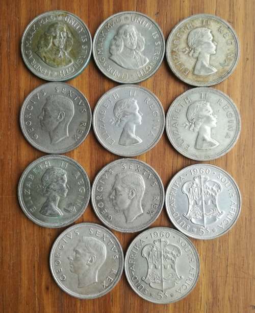 South Africa collection of 11 Silver 5 Shillings. One bid takes all.