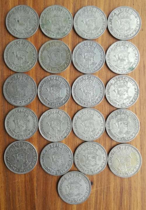 South Africa collection of 21 Silver Half Crowns. 292.44 Grams.