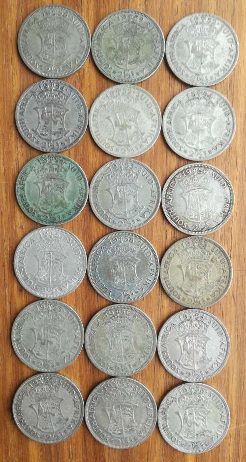 South Africa collection of 18 Silver Half Crowns. 250.16 Grams.