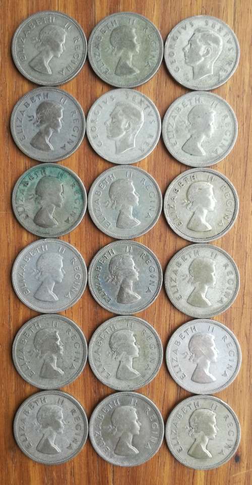 South Africa collection of 18 Silver Half Crowns. 250.16 Grams.