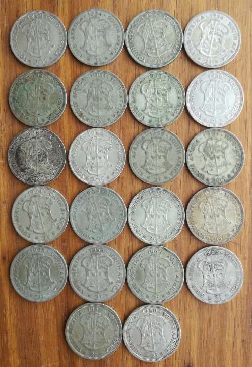 South Africa collection of 22 Silver Two Shillings. 245.66 Grams.