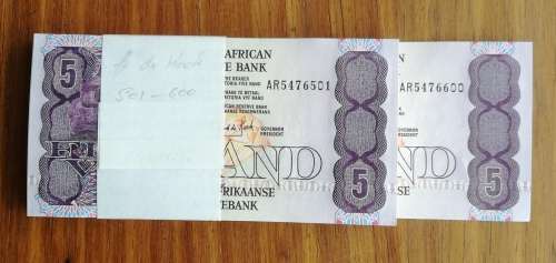 South Africa GPC de Kock 100 Consecutive number Five Rands. AR5476501-AR5476600
