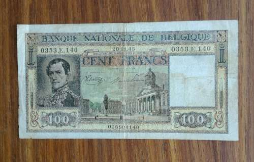 Belgium 20.11.45 Old Honderd Frank Bank note.