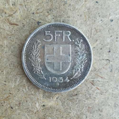 Switzerland Helvetica 1954 Silver 5 Frank.