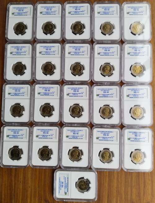 Mandela 21 X MS66 ( 90TH Birthday R5 coins) One bid takes all.