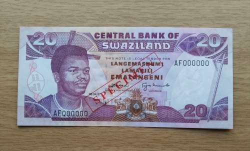 SPECIMEN SWAZILAND 20 EMALANGENI BANK NOTE. NICE ITEM!!