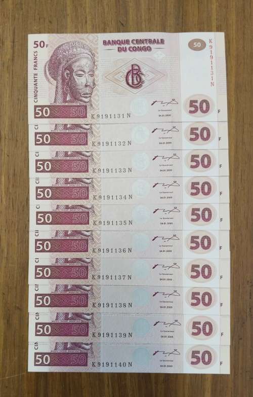 Congo 10 UNC Consecutive number Fifty Francs Bank Notes. (131-140)
