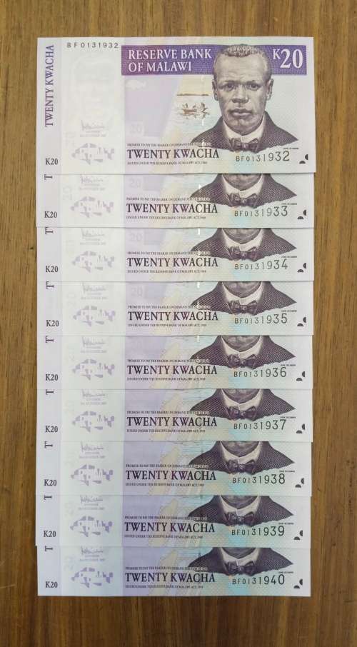 Malawi 9 UNC Consecutive number Twenty Kwacha Bank Notes. (932-940)