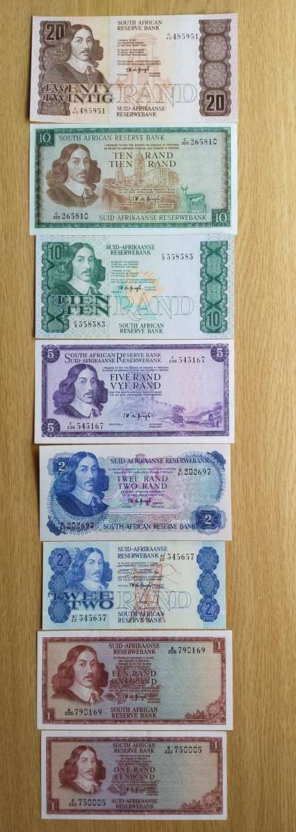 South Africa UNC de Jongh Set of 8 Bank Notes. Great Set!!