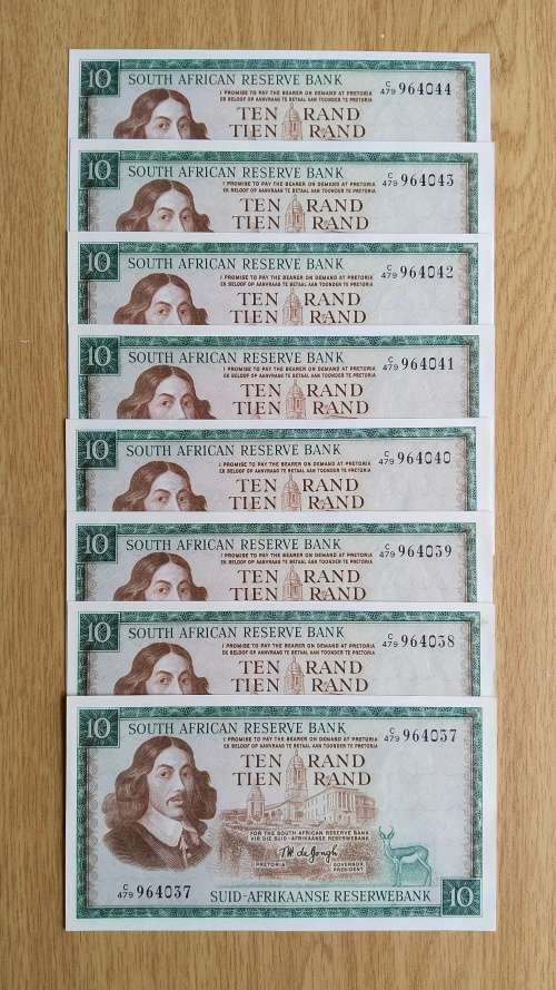 South Africa 8 UNC Consecutive number de Jongh R20 Bank Notes. (037-044)