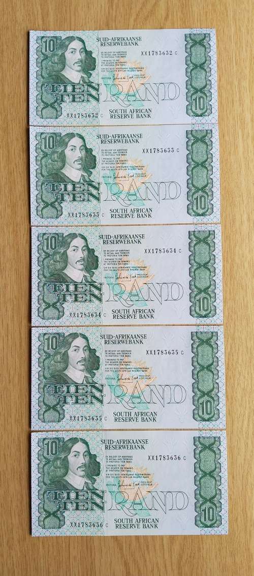 Replacement South Africa 5 UNC Consecutive number de Kock R10 Bank Notes. (632-636)