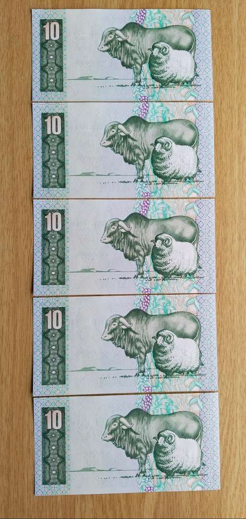 Replacement South Africa 5 UNC Consecutive number de Kock R10 Bank Notes. (632-636)