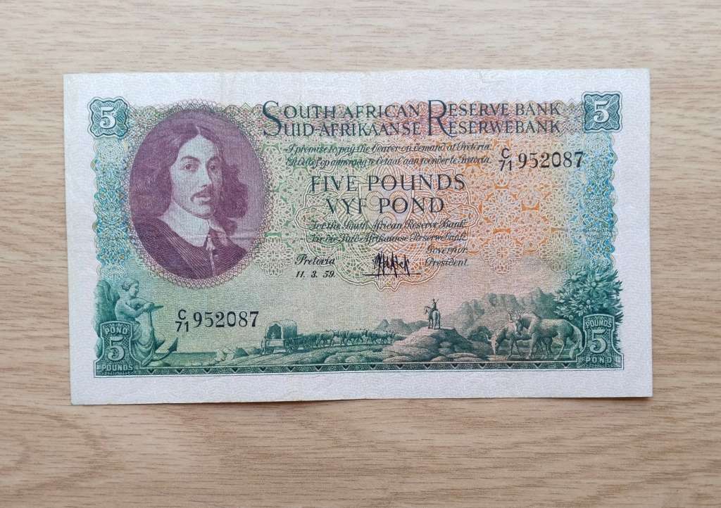 South Africa M.H. de Kock 11.3.59 Five Pounds Bank Note. 087