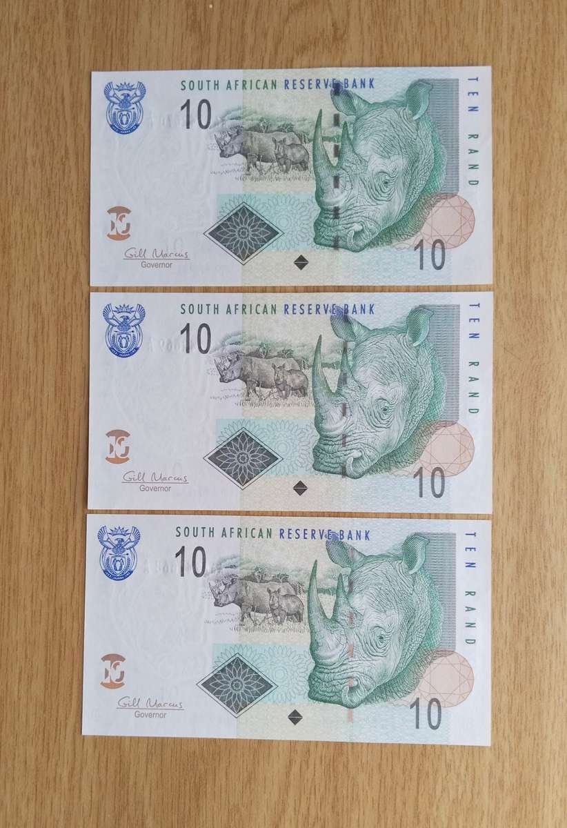 South Africa Gill Marcus 3 Consecutive Number old R10 Bank Notes. (668-670)