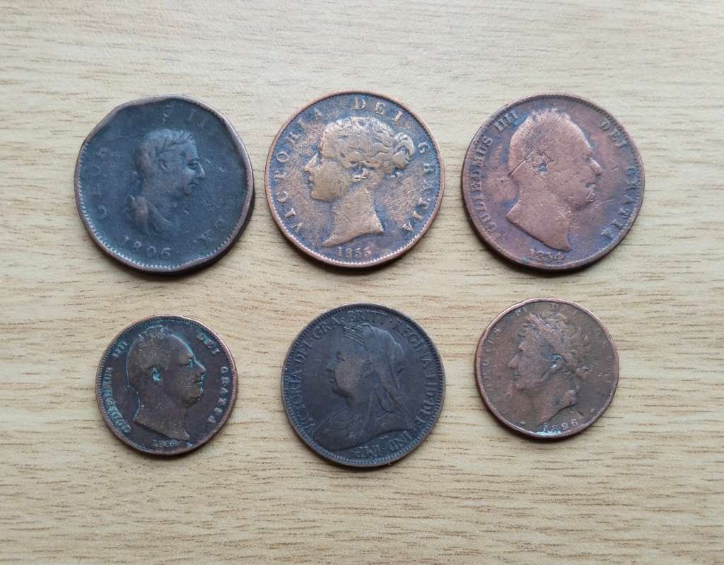 Great Britain collection of 6 old copper coins. Oldest 1806