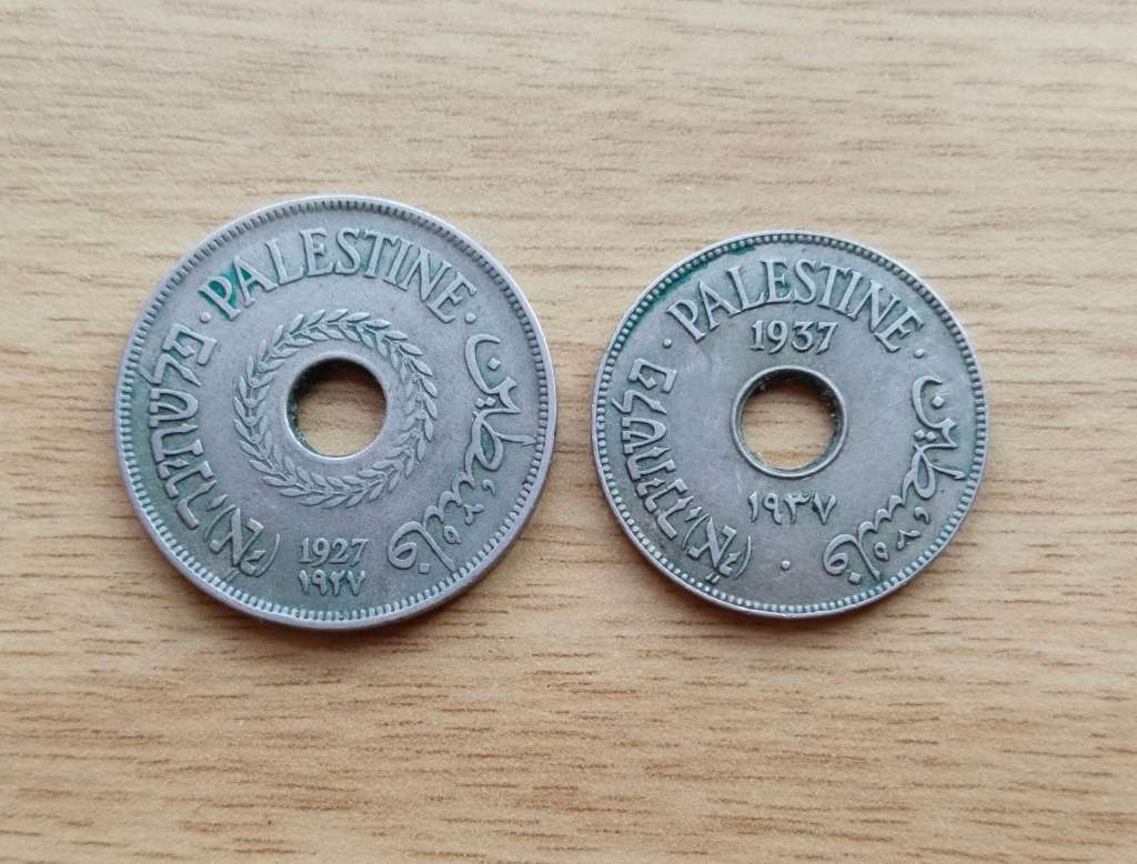 Palestine 1927 20 Mils and 1937 10 Mils coins.