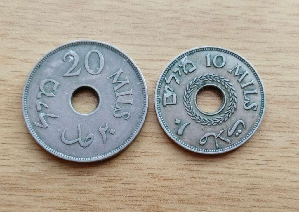 Palestine 1927 20 Mils and 1937 10 Mils coins.