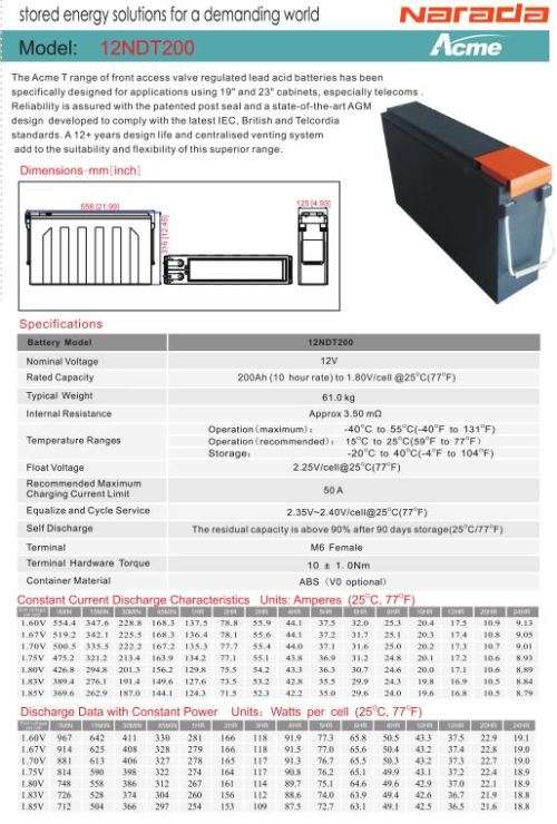 Narada 12V 200Ah Deep Cycle AGM Battery (12NDT200)