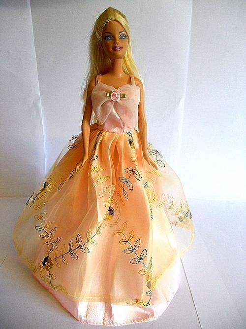 Barbie doll pink peach rose ball gown in satin and lace