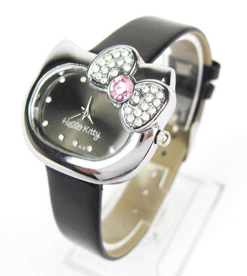 Black Hello Kitty face shaped watch with crystal bow