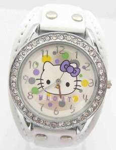 WHITE Womens ladies Hello Kitty wrist watch with thick strap & surrounding swarovski crystals