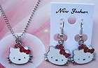Hello Kitty white cat face pendant necklace and dangling drop earring set