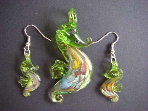 Green glass lampwork handmade seahorse pendant and earing set