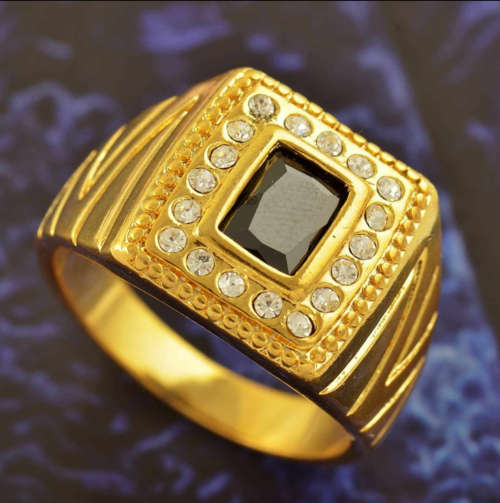 9K Gold Filled Men's Ring with large black rectangular cubic zirconia surrounded by clear cz's.