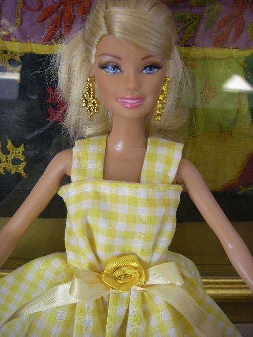 Barbie doll party dress, garden party, casual wear, pastel yellow checkered cotton dress