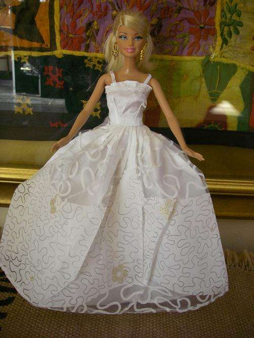 Barbie doll white wedding dress with gold glitter flowers