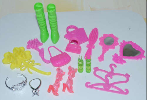 barbie doll accessories, boots, hair brushes,  mirrors, hangers, handbags, necklace