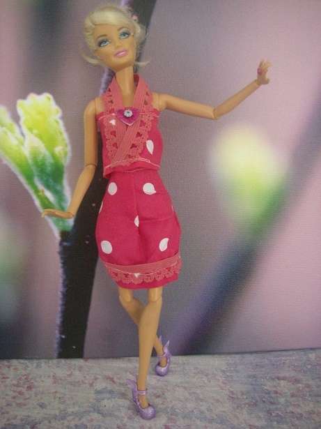 BARGAIN! SALE Bright pink short summer skirt and top for Barbie dolls with white polka dots