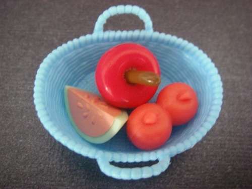 Barbie doll household accessories, basket with fruit, apple, watermelon