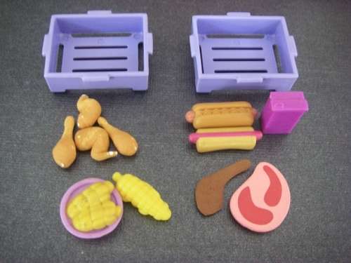 Barbie doll kitchen accessories, baskets and food, mielies, hot dogs, chicken, steak, chop, milk