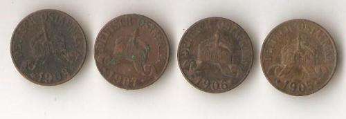 4 x 1 Heller Deutsch Ost Afrika coins dated 1905, 1906, 1907, 1908