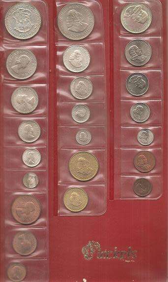 1960, 1963 & 1965 Uncirculated South Africa sets in plastic cover, 23 coins in total