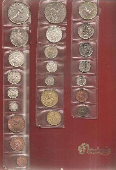 1960, 1963 & 1965 Uncirculated South Africa sets in plastic cover, 23 coins in total