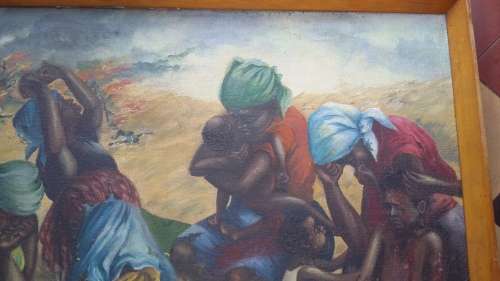 African Conflict Art, Canvas on Board, Signed & dated 1980, titled `Rampage`